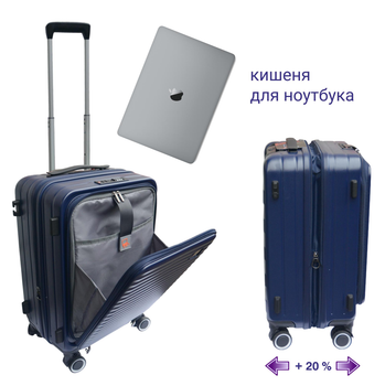 Маленький чемодан дорожный размер S ручная кладь DERBY 092401/20 navy с боковым открытием, с отделом для ноута, кодовый замок TSA, дискаунтер 55х40х20 синий