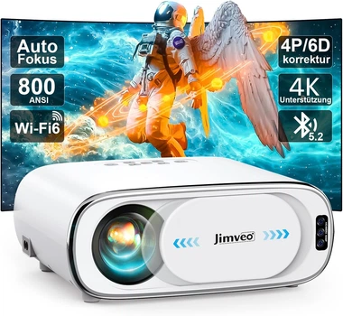 Проектор Jimveo E30 4K, WiFi 6, Bluetooth, 26000L, 1080P Full HD, 50% Zoom, 300-дюймовий дисплей для вечірнього використання на відкритому повітрі