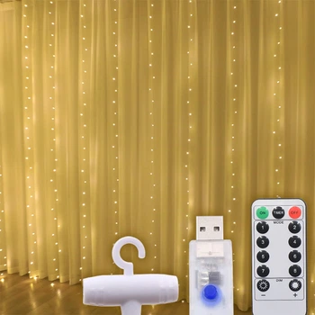 Светодиодная гирлянда USB штора, медная нить, теплый белый, 3x3 м, 8 режимов, с пультом