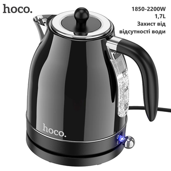 Электрочайник Hoco HE10 Retro (1850-2200W, 1.7 литра, ретро стиль, нержавеющая сталь) - Черный