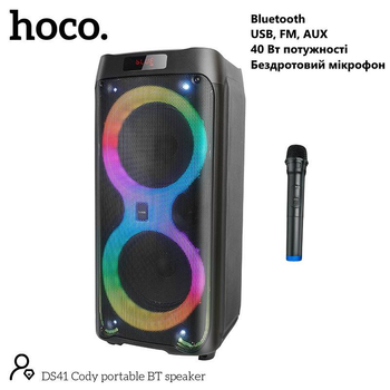 Портативная колонка-караоке Hoco DS41 (беспроводная колонка, Bluetooth, подсветка, 40 Вт, USB, FM, AUX, пульт управления) - Черный