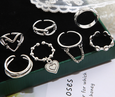 Набор колец Fashion Jewerly сердца и цепи в стиле y2k, регулируемые, 7 штук серебристый цвет (SVS)