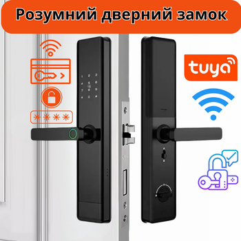 Умный дверной замок с Wi-Fi,кодовый с отпечатком пальца и ключ-картой,черный