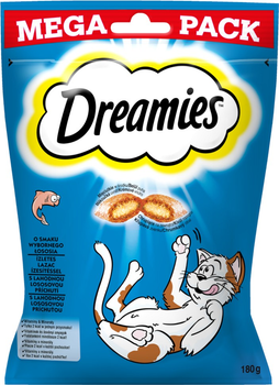 Ласощі для котів Dreamies з лососем хрусткі пастечки з начинкою 180 г (4008429119118)