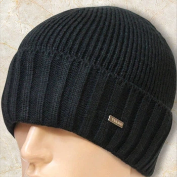 Шапка теплая мужская с подворотом Talan шерсть зима подкладка флис черная one size (135717B)