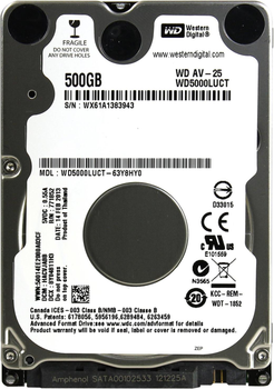 Жесткий диск (HDD) 2.5" SATA 500GB WD AV-25 5400rpm/16MB (WD5000LUCT)