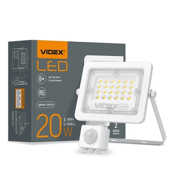 LED прожектор 20W VIDEX с датчиком движения 5000K из алюминия 2000Lm белый IP65 VL-F2e205W-S