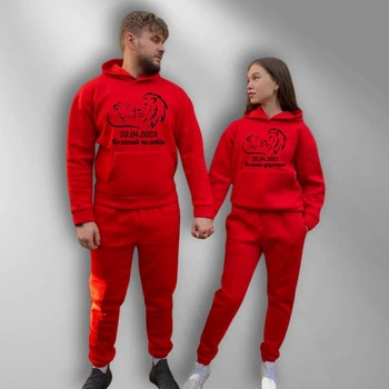 Парні спортивні костюми теплі з капюшоном Худі та Джогери XS/S, XL/XXL, принт "Коханий чоловік/дружина", червоний (75)
