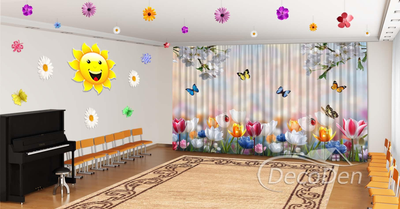 Весняні Фото Штори в дитячий сад PHOTODECOR "Тюльпаны и веточка яблони с бабочками"