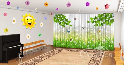 Весняні Фото Штори в дитячий сад PHOTODECOR "Ромашки в траві та метелики" 1 кв.м