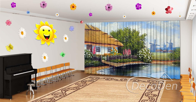 Патріотичні Фото Штори в дитячий сад PHOTODECOR "Українська хата з мальвами біля озера"