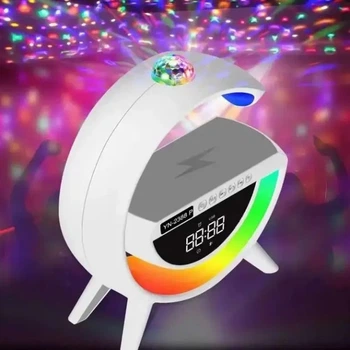 Ночник Smart Light с беспроводной зарядкой, часами и Bluetooth + диско шар BT-3402 Белый