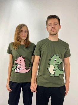 Футболки парні "Динозаврики", M, XL, Xакі (383)