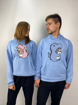 Парні худі з капюшоном без флісу, XL/XXL, XL/XXL, блакитний, принт "Том і Джеррі" (372)