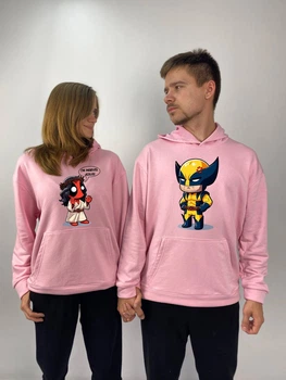 Парні худі з капюшоном без флісу, XS/S, XL\2XL, рожевий , принт "Дедпул та Росомаха" (362)