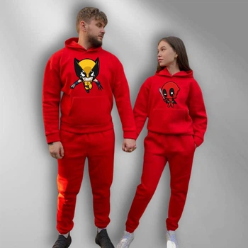 Парні спортивні костюми теплі з капюшоном Худі та Джогери M/L, XL/XXL, принт "Дедпул та Росомаха", червоний (328)