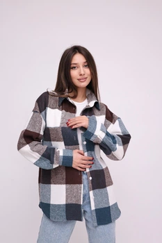 Рубашка женская Kraya теплая в клеточку оверсайз One size S-M шоколадно-зеленая