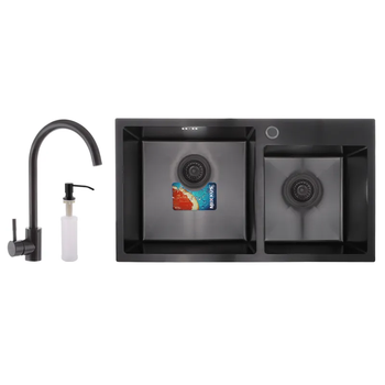 Кухонна мийка MIXXUS SET-7843D-220x1.0-PVD чорна на дві чаші з нержавіючої сталі з змішувачем та диспенсером (MX0585)