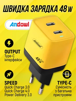 Адаптер швидка зарядка Type-C Andowl X1 48W мережевий зарядний пристрій 2 порти USB-C блок з функцією швидкої зарядки Power Delivery Fast Charge QС 4.0 універсальна сумісність