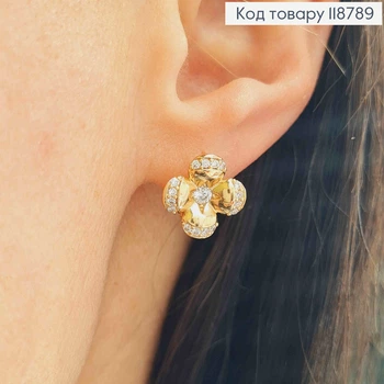 Серьги кольца (1,1см), "Цветочек" украшена Блестящими камешками (1,3см), золотистая бижутерия XUPING 18K