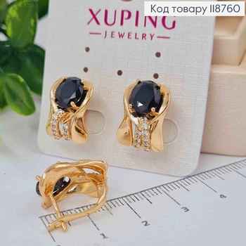 Серьги "Вечность" с Большим Черным камнем, 1,6см, английская застежка, Xuping 18K