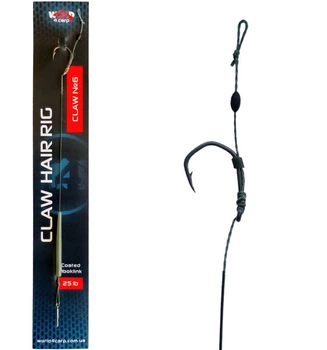 Готовий короповий повідець World4carp в обплетенні з волоссям CLASSIC hair rig, гачок CLAW №6,w4001-6