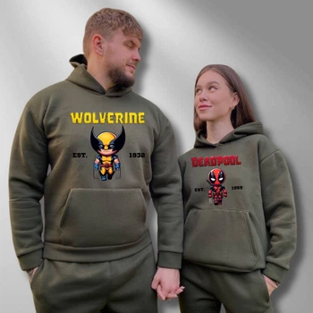 Парні худі з капюшоном утеплені, M/L, XS/S, Хакі, принт "Дедпул/Росомаха" (494)