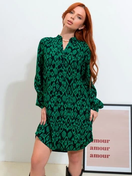 Платье-рубашка короткое осеннее женское ISSA PLUS 14538A XL Зеленое (issa2007682671076)