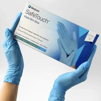 Нитриловые текстурированные перчатки синие M-size Medicom SafeTouch Slim Blue, 100шт/уп - 1175Р2-C