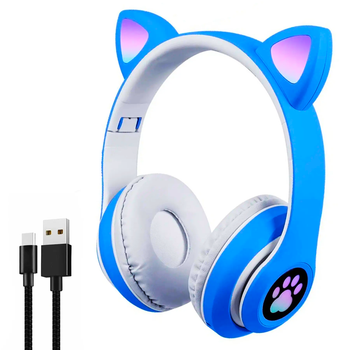 Навушники Bluetooth з котячими вушками та лапкою, Сині / Дитячі з мікрофоном та RGB підсвіткою BZB-23M (L)
