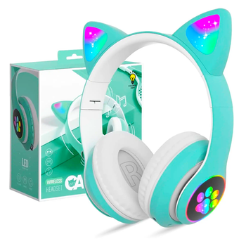 Навушники бездротові Bluetooth з котячими вушками / Дитячі з мікрофоном та RGB підсвічуванням Зелені BZ-23M (L)