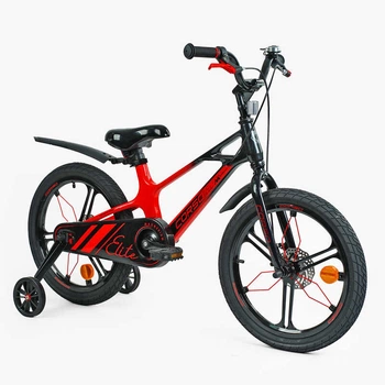 Детский двухколёсный велосипед CORSO Elite ELT-18375 18" дюймов, магниевая рама, съемные страховочные колеса, дисковые тормоза, Красный