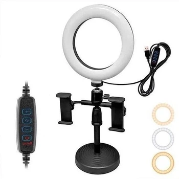 Кольцевая лампа настольная 16 см с двумя держателями для телефона Fill Light