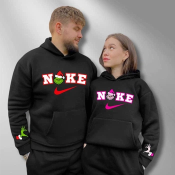 Парні худі з капюшоном утеплені, XS/S, M/L, Чорний, принт "Грінч Найк " (568)