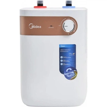 Водонагреватель Midea D06-15A(U) (000003888), 6 литров, 1,6 кВт, накопительный, под мойкой, верхнее подключение воды, квадратный, вертикальный монтаж мокрый ТЭН, механическое управление, белый
