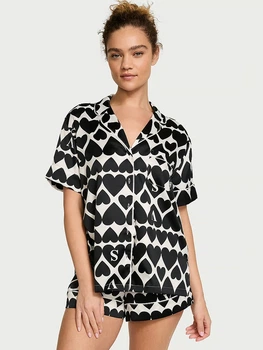 Піжама Сатинова (сорочка + шорти) Victoria's Secret Glazed Satin Short Pajama Set S Чорний (26985660)