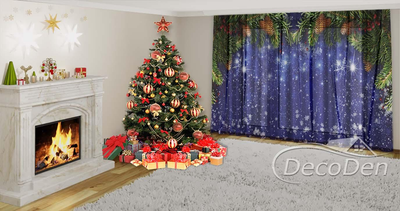 Новогодний Фото Тюль PHOTODECOR "Елочные ламбрекены с шишками и калиной"