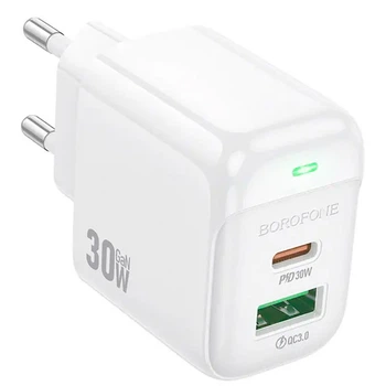Мережевий зарядний пристрій BOROFONE BAS45A GaN QC3.0 (USB/Type-C 30W) для пристроїв Білий
