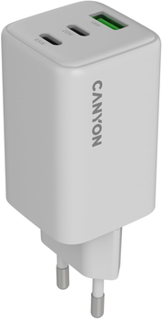 Мережевий зарядний пристрій Canyon GaN USB Type-A QC4.0 18W 2xUSB-C PD 20/65W White (CNS-CUW65ACC)