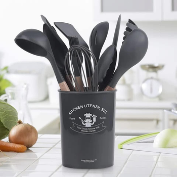 Кухонный набор принадлежностей с подставкой Kitchen Set комплект аксессуаров для приготовления еды (дерево + силикон), 12 предметов, черный (97156494)