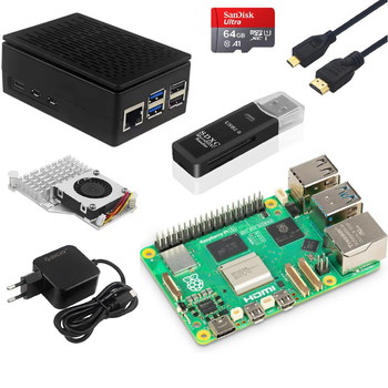 Мікрокомп'ютер Raspberry Pi 5 Starter Kit 16GB з корпусом, кулер з радіатором, micro SD 64gb, micro HDMI to HDMI 4K кабель, 27W блок живлення
