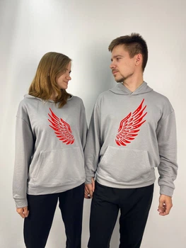 Парні худі з капюшоном без флісу, XS/S, Xl/2XL, сірий, принт "Крила" (597)