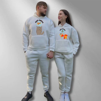 Парні спортивні костюми теплі з капюшоном Худі та Джогери XS/S, XL/XXL, принт "Мій котик/Моя рибка" білий (939)