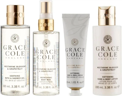 Набор дорожный Grace Cole Nectarine Blossom & Grapefruit по уходу за руками и телом гель для душа/лосьон/крем для рук и ногтей/мист 30/100/100/100 мл