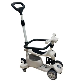 Самокат з бортиком Scooter K619 с родительской ручкой , фарой и корзинкой серый