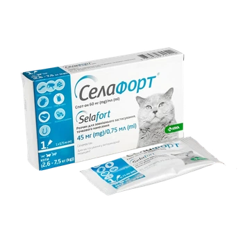 Капли на холку Selafort спот-он 45 мг для кошек весом от 2,6 до 7,5 кг (аналог Стронгхолда)