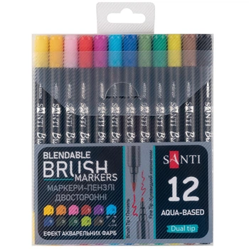 Набір маркерів двосторонніх акварельних Santi Brush Marker 391055 12 шт