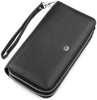 Мужской кожаный кошелек ST Leather черный клатч из натуральной кожи на молнии с монетницей для карт документов и паспорта 70544