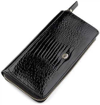 Жіночий гаманець ST Leather з натуральної шкіри чорний з тисненням під крокодила для карток, посвідчення водія та документів 71119