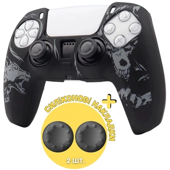 Качественный защитный силиконовый чехол BearWolf (Black/Grey) для геймпада Sony DualSense (PS5) + накладки на стики